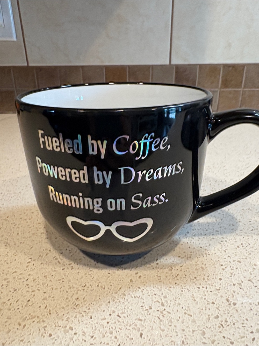 Large Black Ceramic Coffee Mug NWT with Iridescent Text - Fueled by Coffee